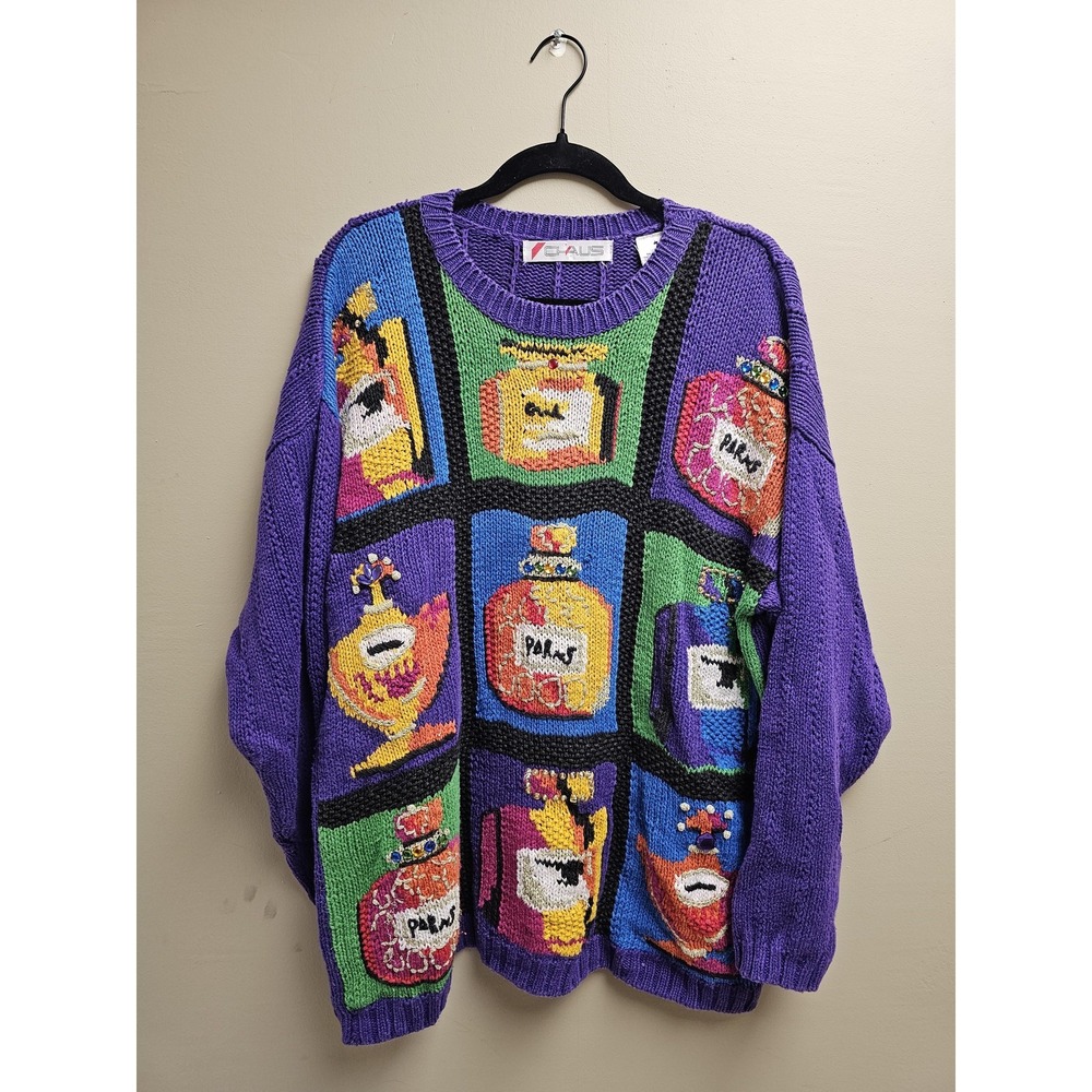 Vintage Chaus Sweater Womens Large Perfume Paris Knit Pullover 80s Art Gem
